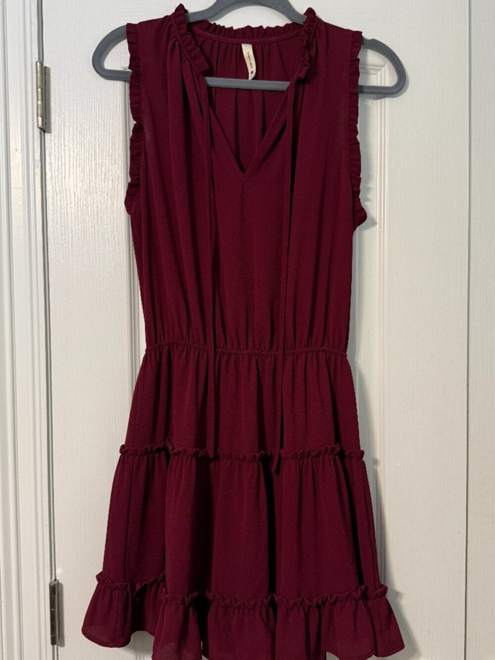 Tyche Burgundy Tiered Ruffle Sleeveless Mini Dress, Size Small